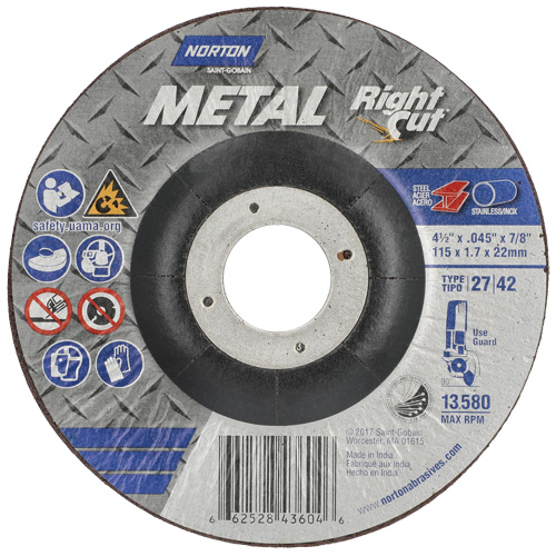 Meule &agrave; tronçonner m&eacute;tallique pour coupe &agrave; angle droit RightCut, 4-1/2" x 0,045", Arbre de 7/8", Type 27, Oxyde d'aluminium, 13580 Tr/min Helyx Safety & Industrial Supplies