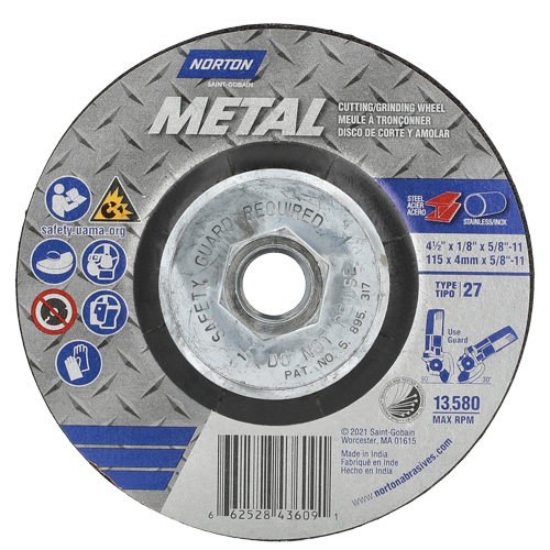 Disque de meulage et tronçonnage m&eacute;tallique, 4-1/2" x 1/8", Arbre de 5/8"-11, Type 27, Oxyde d'aluminium Helyx Safety & Industrial Supplies