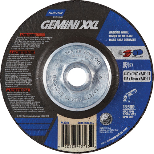 Meule XXL Gemini, 4-1/2" x 1/4", Arbre 5/8"-11, Oxyde d'aluminium, Type 27 Helyx Safety & Industrial Supplies