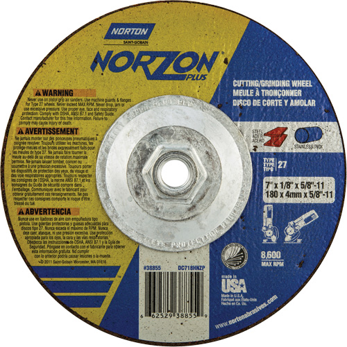 NorZon Plus SGZ  Grinding & Cutting Wheel, 7" x 1/8", 5/8"-11 Arbor, Type 27, Ceramic Alumina Helyx Safety & Industrial Supplies