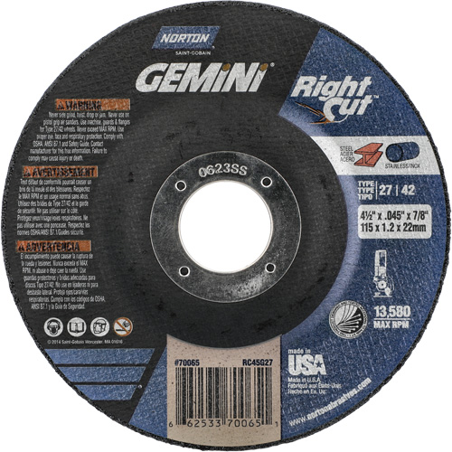 Gemini RightCut Right Angle Cut-Off Wheel, 4-1/2" x 0.045", 7/8" Arbor, Type 27/42, Aluminum Oxide, 13580 RPM Helyx Safety & Industrial Supplies