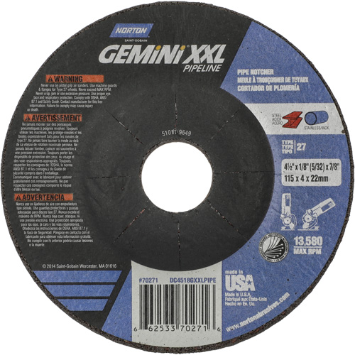 Gemini XXL Grinding & Cutting Wheel, 4-1/2" x 1/8", 7/8" Arbor, Type 27, Aluminum Oxide Helyx Safety & Industrial Supplies