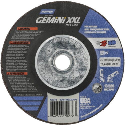 Disque combin&eacute; de meulage et tronçonnage Gemini XXL, 4-1/2" x 1/8", Arbre de 5/8"-11, Type 27, Oxyde d'aluminium Helyx Safety & Industrial Supplies
