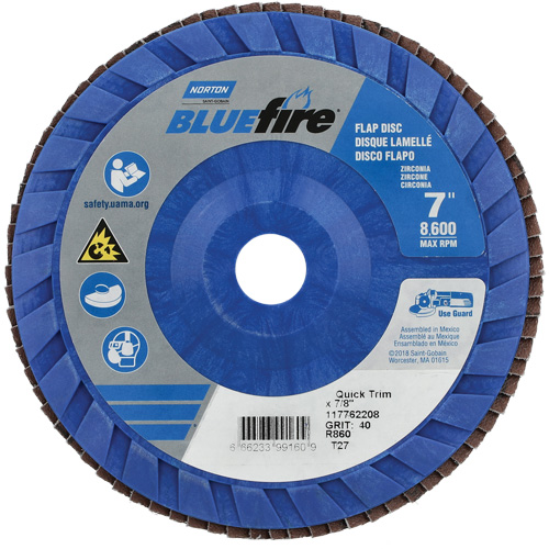 BlueFire Quick Trim Flap Disc, 7" x 7/8", Type 27, 40 Grit, Zirconia Alumina Helyx Safety & Industrial Supplies