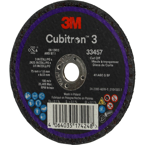 Cubitron 3 Cut-Off Wheel, 3" x 0.063", 3/8" Arbor, Ceramic Helyx Safety & Industrial Supplies