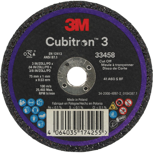 Meule &agrave; tronçonner Cubitron 3, 3" x 0,039", Arbre de 3/8", C&eacute;ramique Helyx Safety & Industrial Supplies