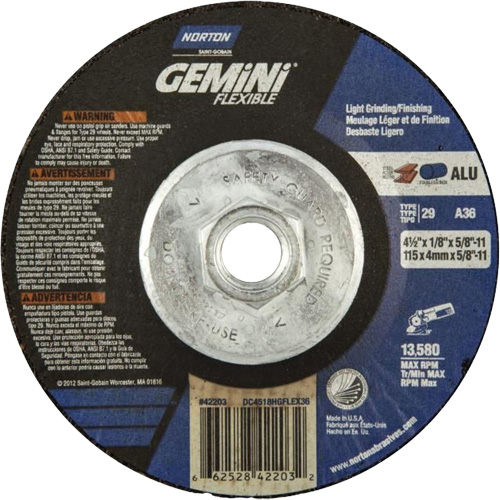Meule et meule &agrave; tronçonner combin&eacute;e et flexible Gemini A AO, 4-1/2" x 1/8", Arbre de 5/8"-11, Type 29, Oxyde d'aluminium, 13580 Tr/min Helyx Safety & Industrial Supplies