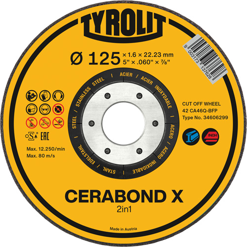 Meule &agrave; tronçonner pour acier et acier inoxydable CERABOND X, 5" x 0,6", Arbre de 7/8", Type 27, C&eacute;ramique, 12250 Tr/min Helyx Safety & Industrial Supplies