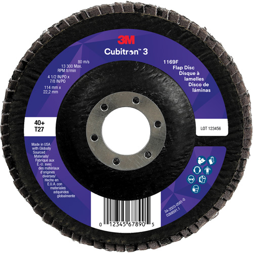 Cubitron 3 Flat Flap Disc 1169F, 4-1/2" x 7/8", Type T27, 40+ Grit, Ceramic Helyx Safety & Industrial Supplies