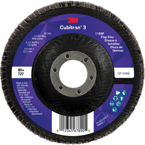 Cubitron 3 Flat Flap Disc 1169F, 4-1/2" x 7/8", Type T27, 80+ Grit, Ceramic Helyx Safety & Industrial Supplies