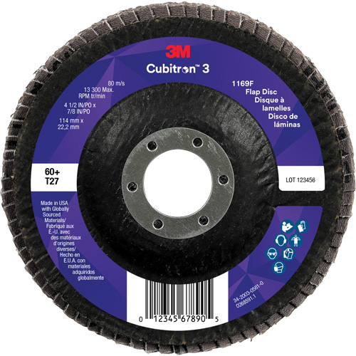 Cubitron 3 Flat Flap Disc 1169F, 4-1/2" x 7/8", Type T27, 60+ Grit, Ceramic Helyx Safety & Industrial Supplies
