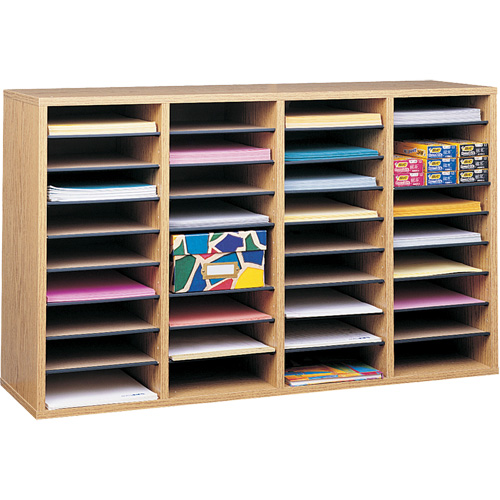 Adjustable Compartment Literature Organizer, Stationary, 36 Slots, Wood, 39-1/4" W x 11-3/4" D x 24" H Helyx Safety & Industrial Supplies
