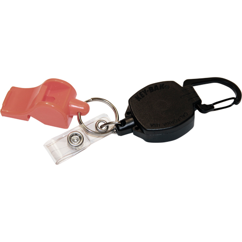 D&eacute;rouleur autor&eacute;tractable pour carte d'identit&eacute; et cl&eacute;s avec sifflet, M&eacute;tal en alliage de zinc, C&acirc;ble 24", Fixation Mousqueton Helyx Safety & Industrial Supplies