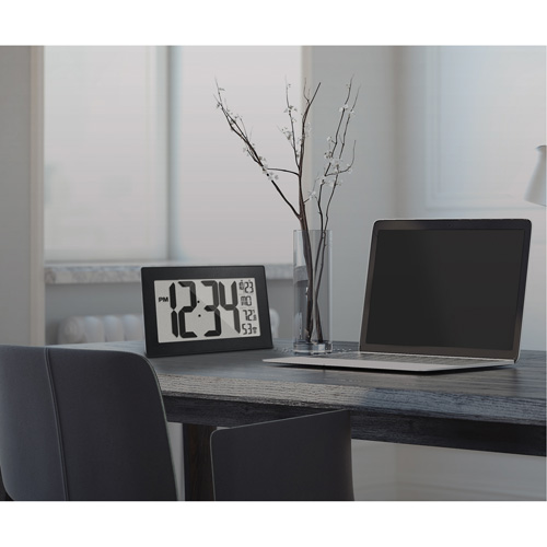 Self-Setting & Self-Adjusting Wall Clock with Stand, Digital, Battery Operated, Black Helyx Safety & Industrial Supplies