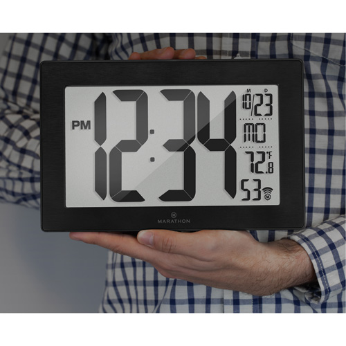 Self-Setting & Self-Adjusting Wall Clock with Stand, Digital, Battery Operated, Black Helyx Safety & Industrial Supplies