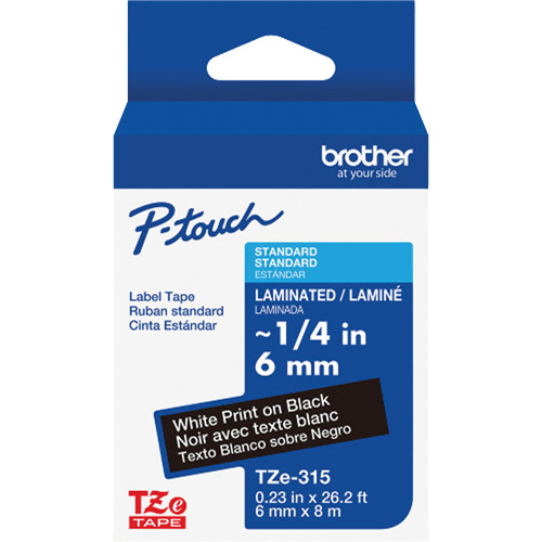 Ruban lamin&eacute; TZe-315 pour &eacute;tiqueteuses P-Touch compatibles avec les rubans TZe, Blanc sur noir, Largeur de 0,23" Helyx Safety & Industrial Supplies