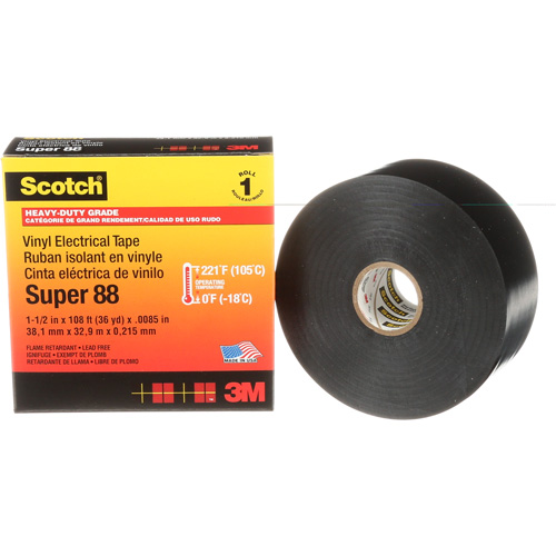 Ruban isolant en vinyle Super 88 Scotch, 38 mm (1-1/2") x 33 m (108'), Noir, 8,5 mils Helyx Safety & Industrial Supplies