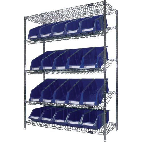 Slanted Wire Shelf with Bins, 5 Tiers, 48" W x 63" H x 18" D Helyx Safety & Industrial Supplies
