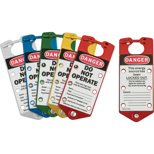 Moraillons de verrouillage &eacute;tiquet&eacute;s, Bleu/Vert/Rouge/Argent/Jaune Helyx Safety & Industrial Supplies