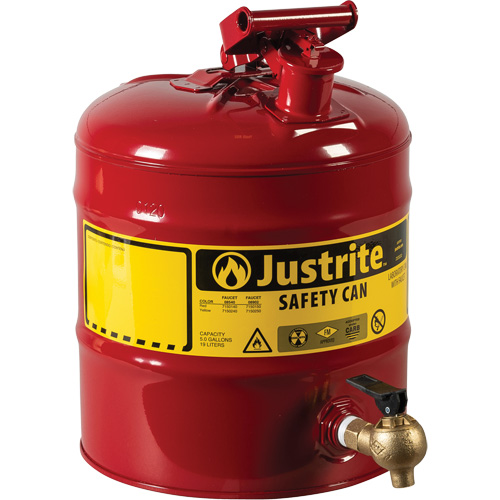 Bidon avec robinet s&eacute;curitaires pour laboratoires, Type I, Acier, 5 gal. US, Rouge, Homologu&eacute; FM Helyx Safety & Industrial Supplies