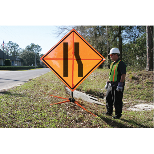 Tilt-Adjust Merge Left Roll-Up Construction Sign, 36" x 36", Vinyl, Pictogram Helyx Safety & Industrial Supplies