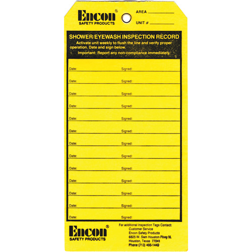 &eacute;tiquette de registre d'inspection pour douche oculaire & d'urgence, Papier cartonn&eacute;, 3-1/8" la x 6-1/4" h, Anglais Helyx Safety & Industrial Supplies