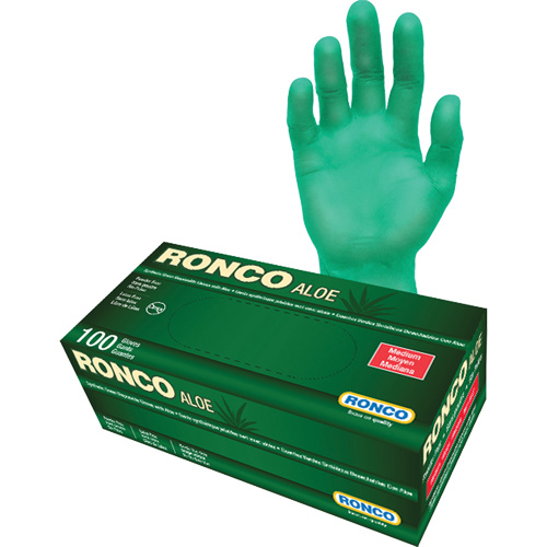 Disposable Gloves with Aloe, Medium, Vinyl, 5-mil, Powder-Free, Green Helyx Safety & Industrial Supplies