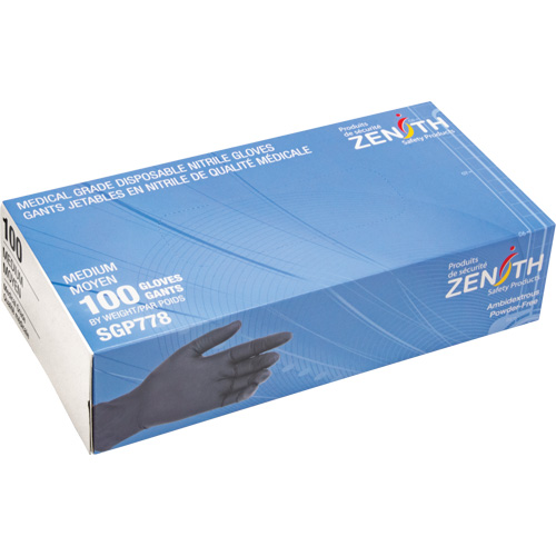 Gants jetables de calibre m&eacute;dical r&eacute;sistants &agrave; la perforation, Moyen, Nitrile, 5 mils, Sans poudre, Noir, Classe 2 Helyx Safety & Industrial Supplies