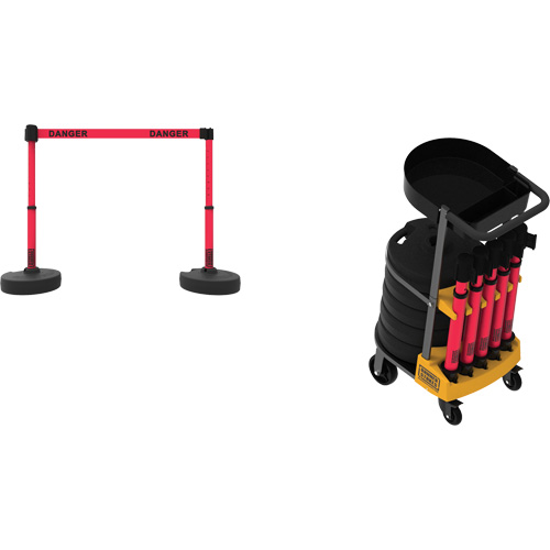 Syst&egrave;me de barri&egrave;re &agrave; chariot portatif avec plateau Plus, 75' lo, M&eacute;tal/Plastique, Rouge Helyx Safety & Industrial Supplies