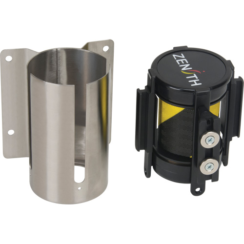 Barri&egrave;re &agrave; fixation murale avec ruban magn&eacute;tique, Acier, Fixation par vis, 7', Ruban Noir et jaune Helyx Safety & Industrial Supplies