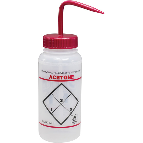 Bouteille de rinsage &agrave; grande ouverture avec &eacute;tiquette de s&eacute;curit&eacute; "Acetone", 16 oz Helyx Safety & Industrial Supplies