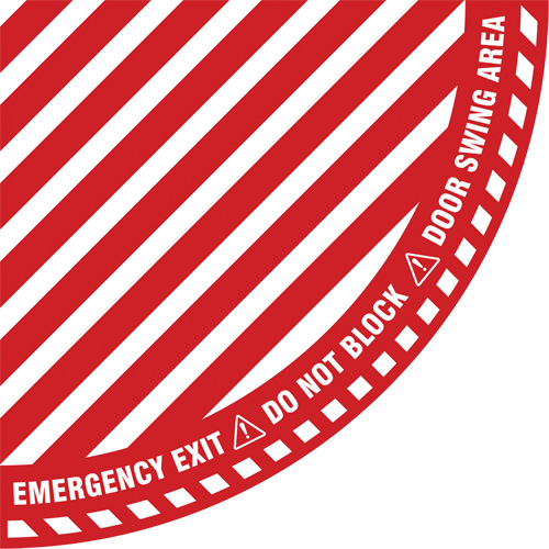 "Emergency Exit" Quarter Circle Swing Door Floor Sign, Adhesive, English with Pictogram Helyx Safety & Industrial Supplies