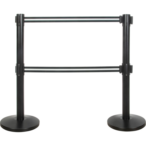 Dual Belt Crowd Control Barrier, Steel, 35" H, Black/White Tape, 7' Tape Length Helyx Safety & Industrial Supplies
