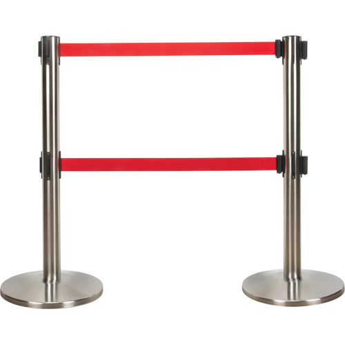Dual Belt Crowd Control Barrier, Steel, 35" H, Red Tape, 7' Tape Length Helyx Safety & Industrial Supplies