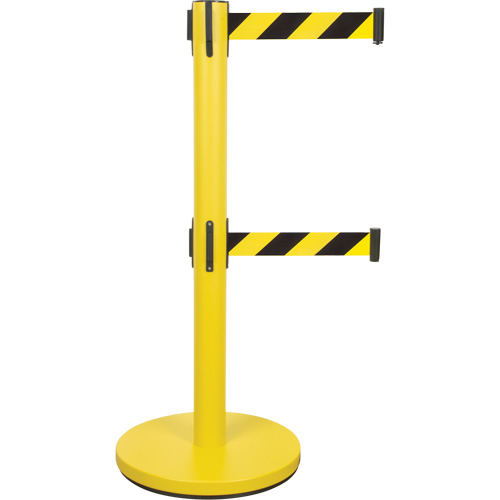 Barri&egrave;re pour le contr&ocirc;le des foules &agrave; courroie double, Acier, 35" h, Ruban Noir/Jaune, Longueur du ruban 7' Helyx Safety & Industrial Supplies