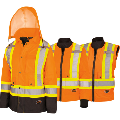 5020BBW Women's  7-in-1 Waterproof Jacket with Hood, Polyester/Polyurethane, High Visibility Orange, X-Small Helyx Safety & Industrial Supplies