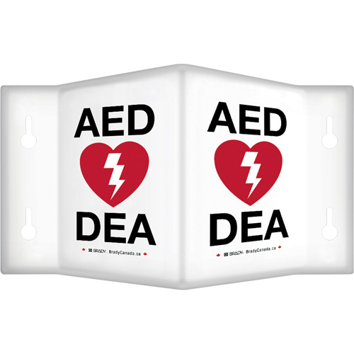 Enseigne &agrave; projection sur 90°  AED/ DEA , 9" x 6", Plastique, Bilingue avec pictogramme Helyx Safety & Industrial Supplies