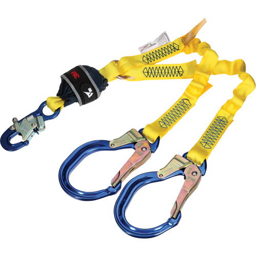 Twin-Leg Stretch Web Shock-Absorbing Lanyard, 4', Rebar Hook Center, Snap Hook Leg Ends Helyx Safety & Industrial Supplies