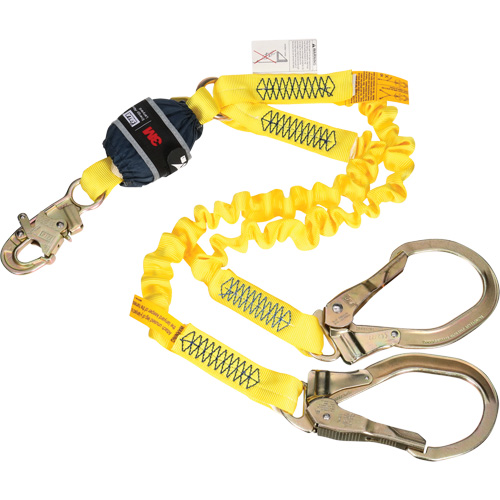 Twin-Leg Stretch Web Shock-Absorbing Lanyard, 6', Rebar Hook Center, Snap Hook Leg Ends Helyx Safety & Industrial Supplies