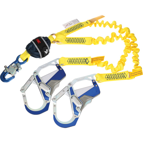 Twin-Leg Stretch Web Shock-Absorbing Lanyard, 6', Rebar Hook Center, Snap Hook Leg Ends Helyx Safety & Industrial Supplies