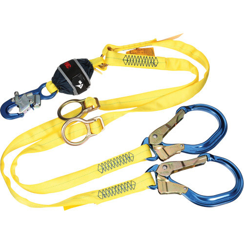 Twin-Leg Tie-Back Web Shock-Absorbing Lanyard, 6', Rebar Hook Center, Snap Hook Leg Ends, Polyester Helyx Safety & Industrial Supplies