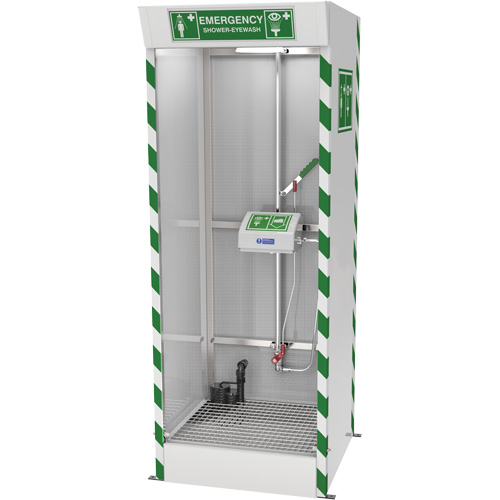 Cabine de douche d'urgence et douche oculaire/faciale couverte avec pompe de puisard Helyx Safety & Industrial Supplies