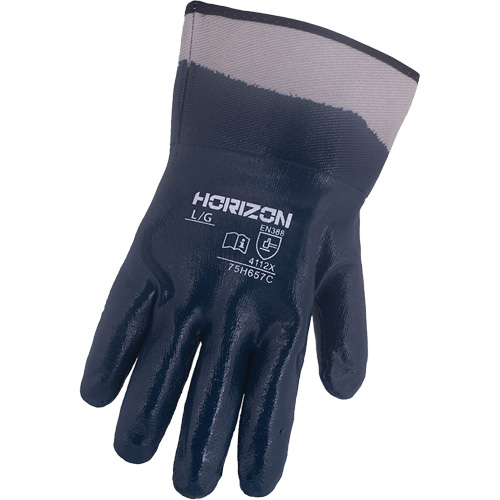 Gants bleu marine avec manchettes renforc&eacute;es &agrave; entoilage coll&eacute; Horizon, Moyen, R&ecirc;vetement Nitrile, Enveloppe en Jersey/Coton Helyx Safety & Industrial Supplies