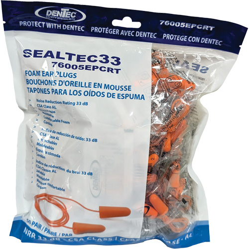 SEALTEC33 Orange Tapered PU Foam Disposable Earplugs, Bulk - Polybag, Corded Helyx Safety & Industrial Supplies