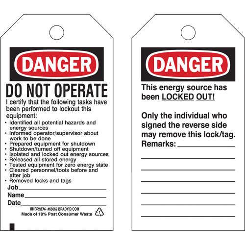 Lockout Tags, Plastic, 3" W x 5-1/2" H, English Helyx Safety & Industrial Supplies