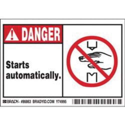 "Danger Starts Automatically" Sign, 3-1/2" x 5", Polyester, English with Pictogram Helyx Safety & Industrial Supplies