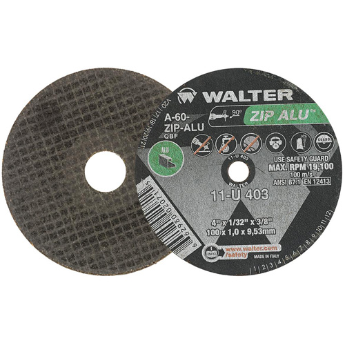 ZIP ALU Cutting Wheel, 4" x 1/32", 3/8" Arbor, Type 1, Aluminum Oxide, 19100 RPM Helyx Safety & Industrial Supplies