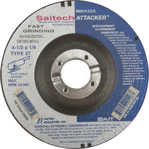 Meule rapide Saitech Attacker, 4-1/2" x 1/4", Arbre 7/8", Oxyde d'aluminium/C&eacute;ramique, Type 27 Helyx Safety & Industrial Supplies