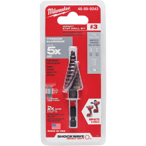 #3 Shockwave Impact Duty Step Drill Bit, 3/16" - 3/4" , 1/16" Increments, Titanium Helyx Safety & Industrial Supplies