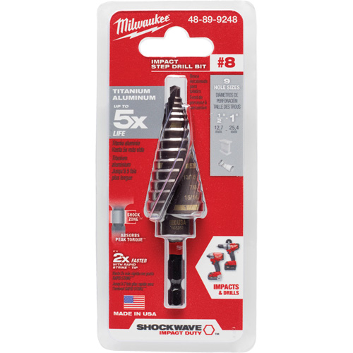 #8 Shockwave Impact Duty Step Drill Bit, 1/2" - 1" , 1/16" Increments, Titanium Helyx Safety & Industrial Supplies